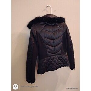 White Black XS Black Puffer Jacket Faux Fur Hood Quilted Coat